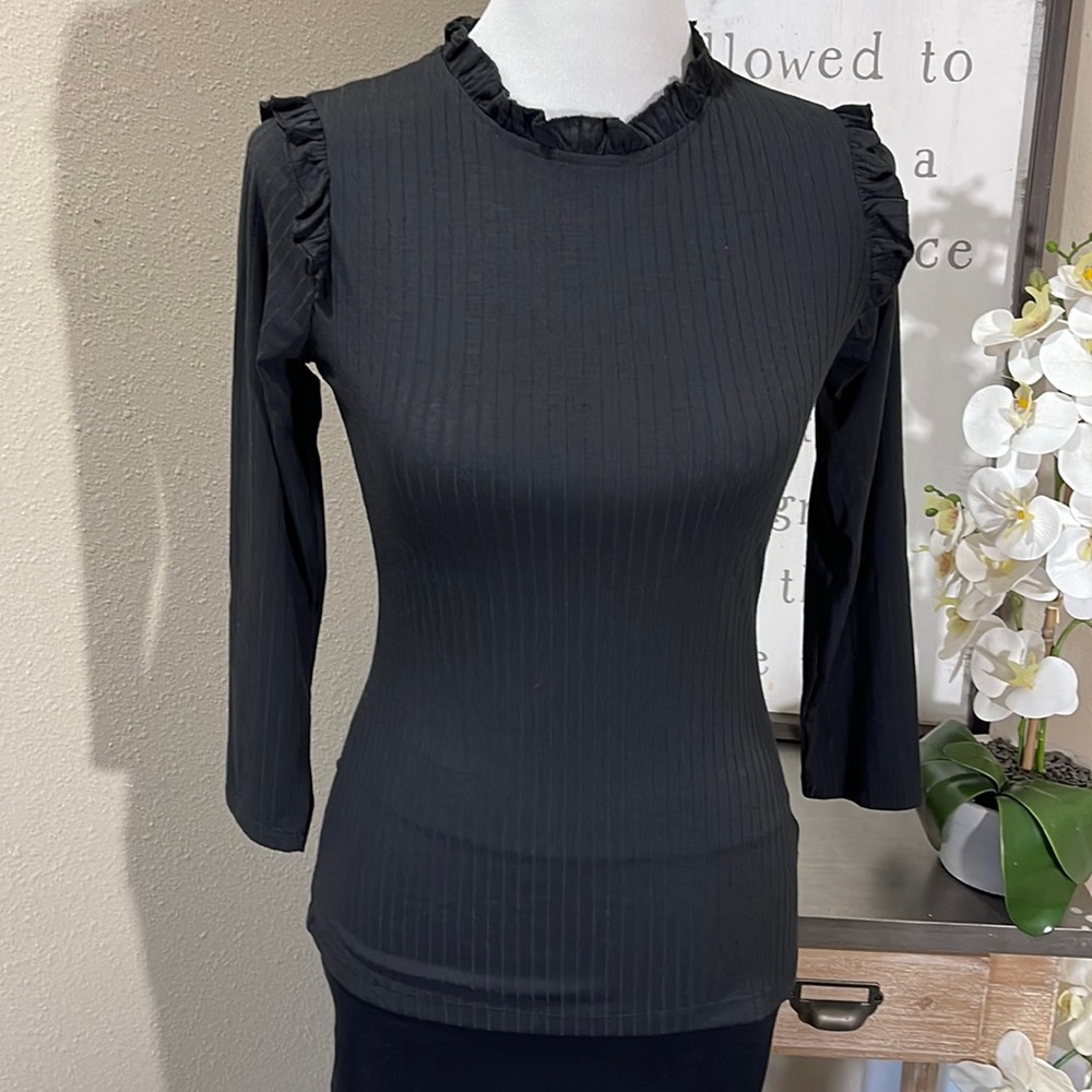 Black Ruffled Long Sleeve Top